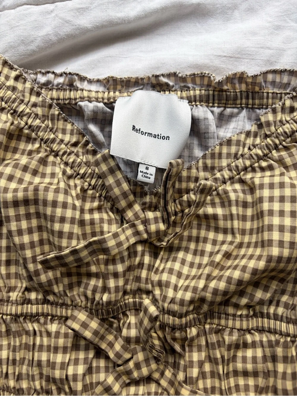 Reformation Lauryn Cotton Bow Blouse Top - Blondie Check French Size 8
